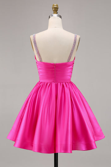 Sparkly Fuchsia Satin A Line Short Cocktail Dress with Beading